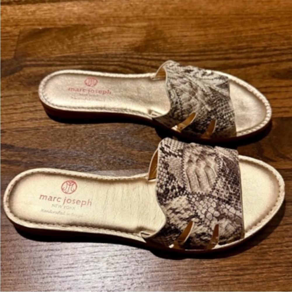 Marc Joseph Taupe Snake-Print Slide Sandals - Picture 2 of 5